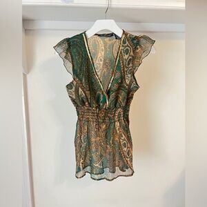 52 Weekends Paisley V-Neck Top in Green and Brown